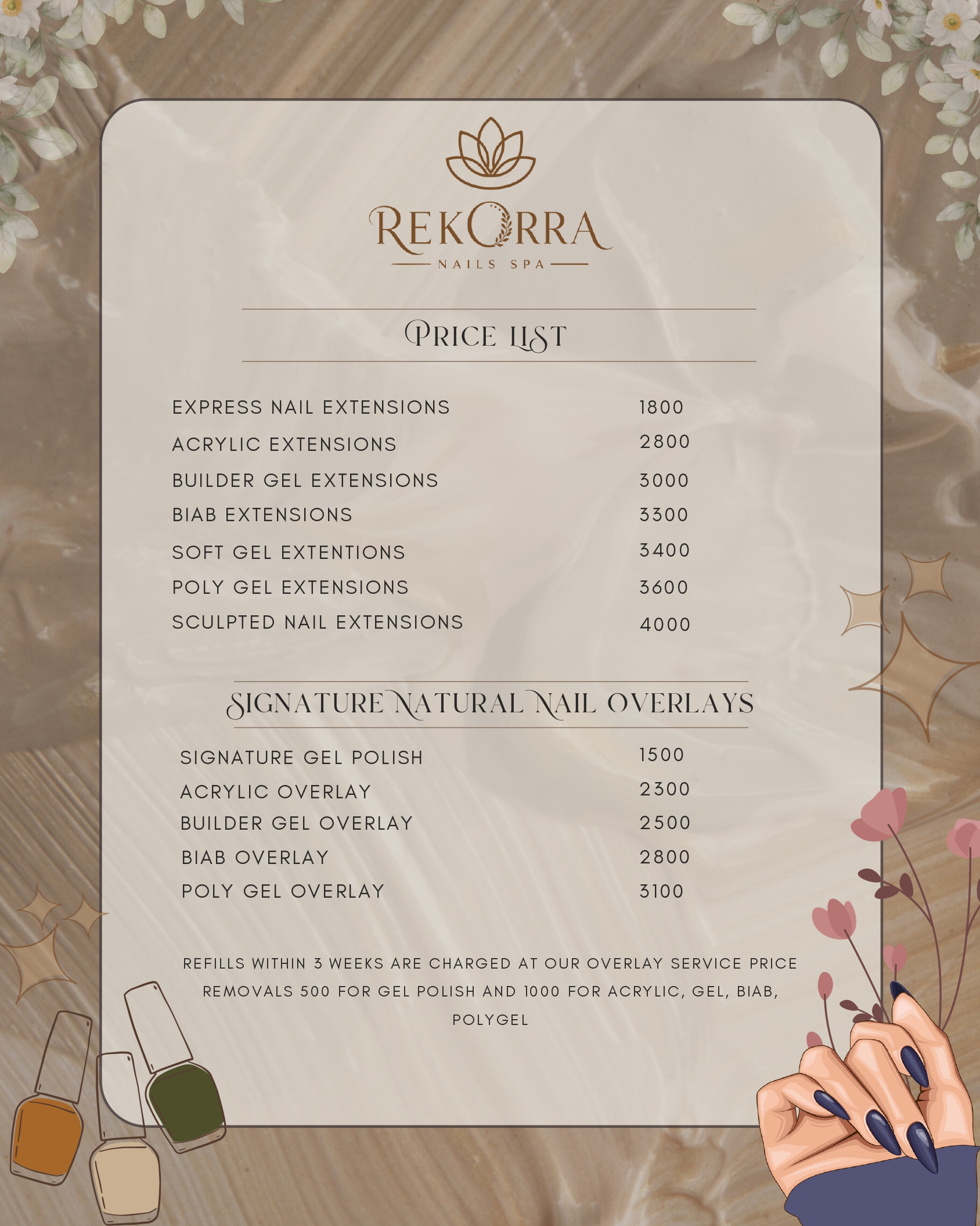 Rekorra Nails Spa Price Menu Page 1